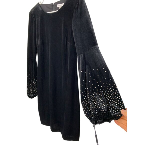Calvin Klein Black Velvet Dress With Embellished Pouf Sleeves Holiday Size 8 NWT - Picture 2 of 12